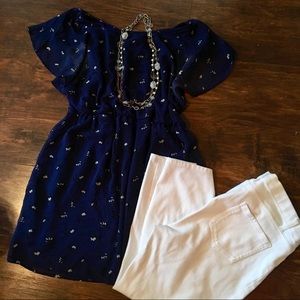 Navy Tunic, White Capris and Wrap Necklace Outfit